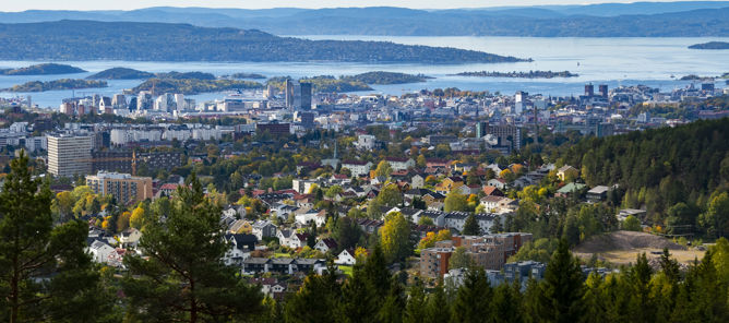 En by med trær og vann i bakgrunnen