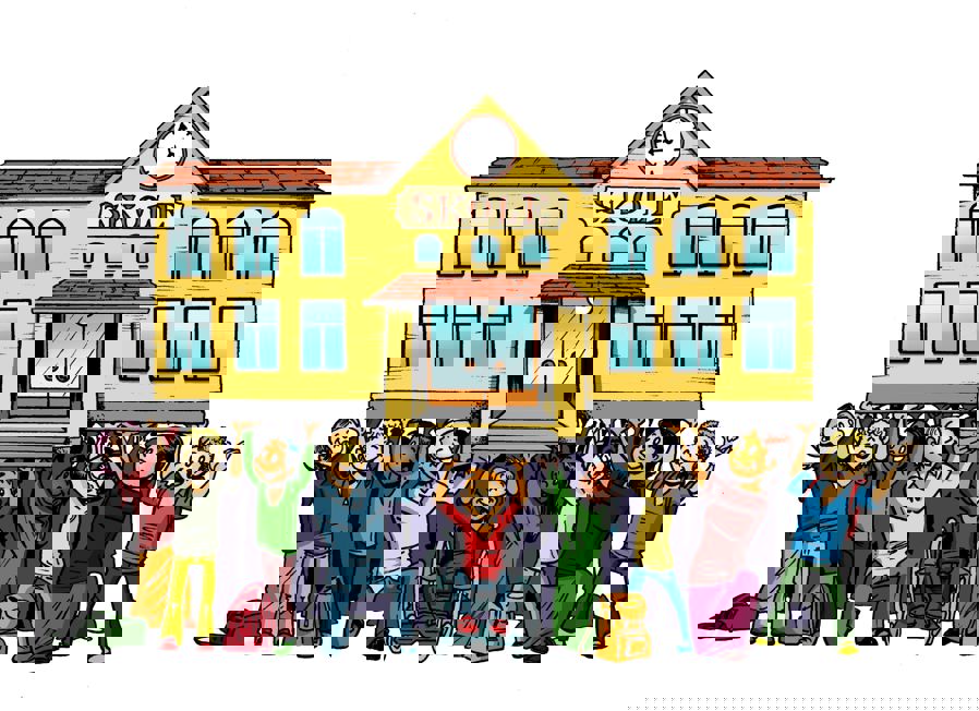 en gruppe mennesker foran en gul bygning